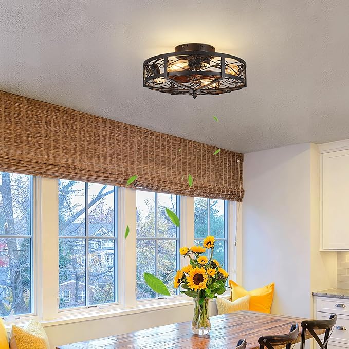 Rustic Black Caged Flush Mount Ceiling Fans with Lights and Remote Vintage Low Profile Bladeless Ceiling Fan, Reversible