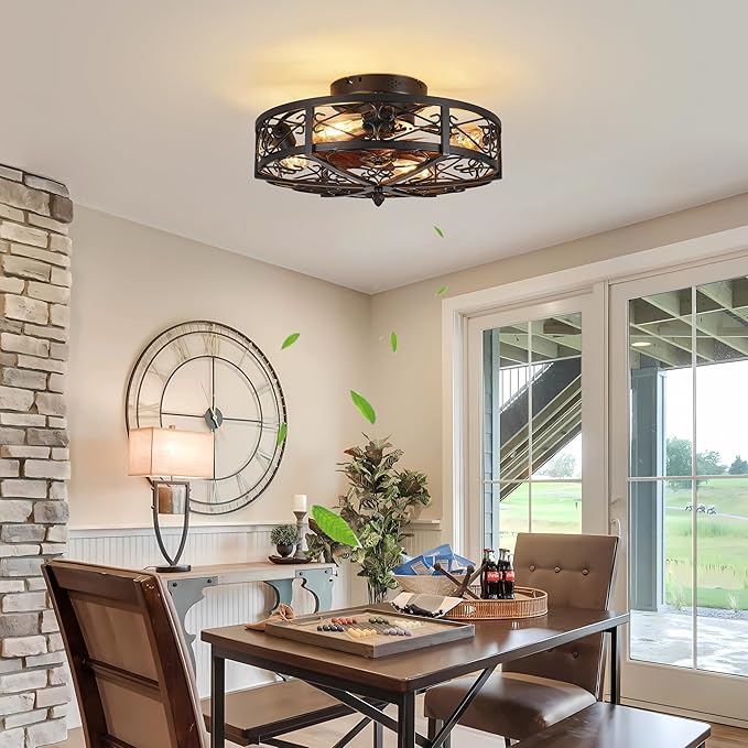 Rustic Black Caged Flush Mount Ceiling Fans with Lights and Remote Vintage Low Profile Bladeless Ceiling Fan, Reversible