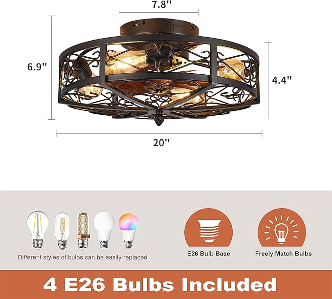 Rustic Black Caged Flush Mount Ceiling Fans with Lights and Remote Vintage Low Profile Bladeless Ceiling Fan, Reversible
