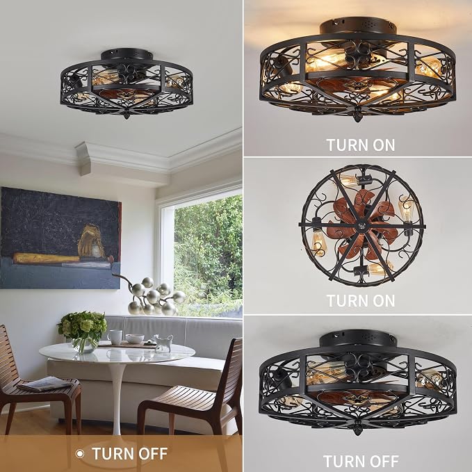 Rustic Black Caged Flush Mount Ceiling Fans with Lights and Remote Vintage Low Profile Bladeless Ceiling Fan, Reversible