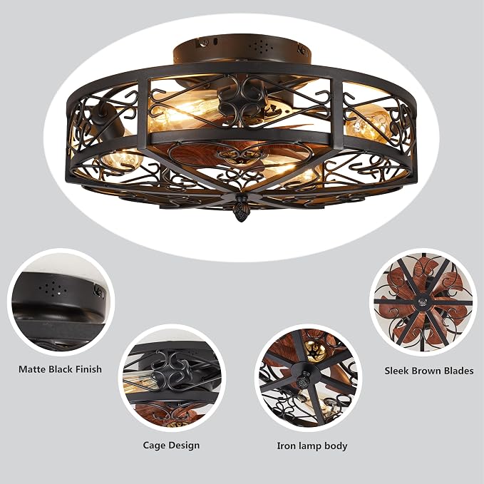 Rustic Black Caged Flush Mount Ceiling Fans with Lights and Remote Vintage Low Profile Bladeless Ceiling Fan, Reversible