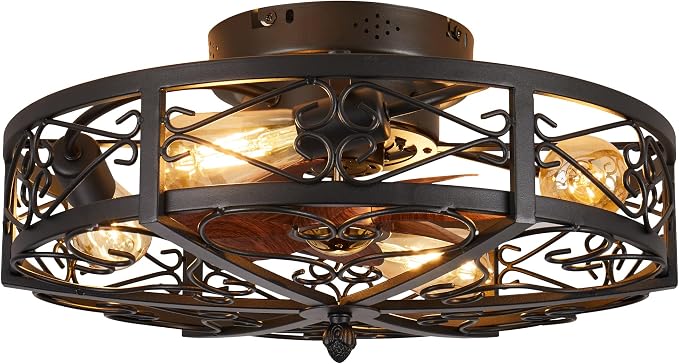 Rustic Black Caged Flush Mount Ceiling Fans with Lights and Remote Vintage Low Profile Bladeless Ceiling Fan, Reversible