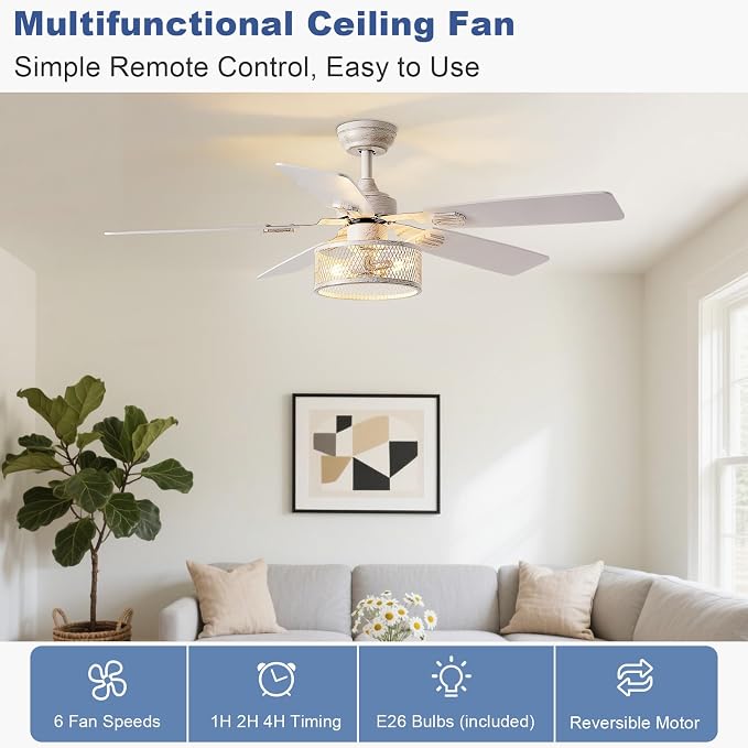 Rustic Ceiling Fan with Light: Quiet Ceiling Fans with 5 Blades Dual Finish Reversible - Farmhouse Ceiling Fan with Remote