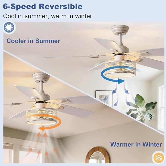 Rustic Ceiling Fan with Light: Quiet Ceiling Fans with 5 Blades Dual Finish Reversible - Farmhouse Ceiling Fan with Remote