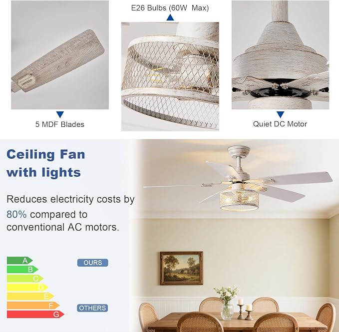 Rustic Ceiling Fan with Light: Quiet Ceiling Fans with 5 Blades Dual Finish Reversible - Farmhouse Ceiling Fan with Remote