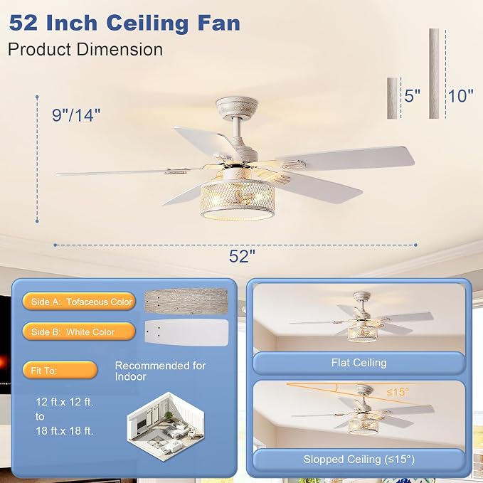 Rustic Ceiling Fan with Light: Quiet Ceiling Fans with 5 Blades Dual Finish Reversible - Farmhouse Ceiling Fan with Remote