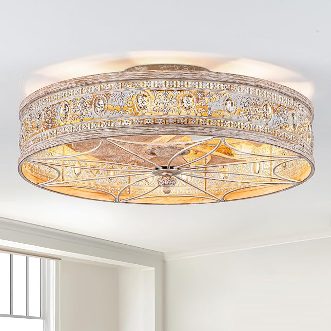 Rustic Farmhouse Caged Ceiling Fans with Lights,Vintage Fancy Antique Crystal Decorative,Bladeless Enclosed Flush Mount Low