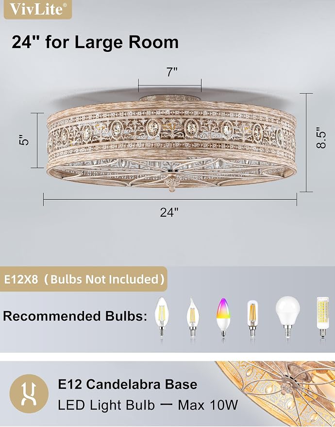 Rustic Farmhouse Caged Ceiling Fans with Lights,Vintage Fancy Antique Crystal Decorative,Bladeless Enclosed Flush Mount Low