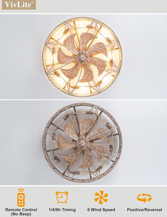 Rustic Farmhouse Caged Ceiling Fans with Lights,Vintage Fancy Antique Crystal Decorative,Bladeless Enclosed Flush Mount Low