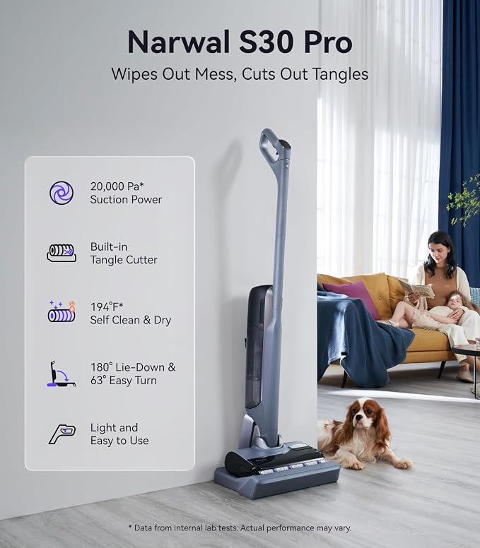 S30 Pro Wet Dry Vacuum Cleaner with 20000Pa Suction, Cordless Vacuum Mop for Hard Floors, Tangle-Free Hair-Cutting, 180° Lie