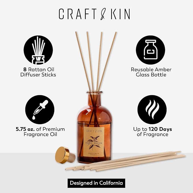 Sage, Orange Blossom & Lotus Reed Diffuser | All Natural Essential Oil & 8 Rattan Scent Sticks | Reed Diffusers for Home