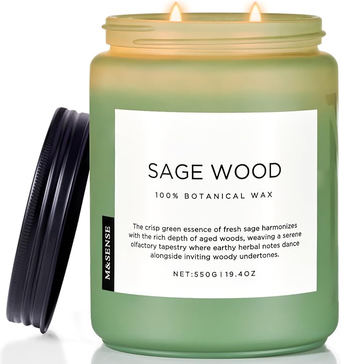 Sage Wood Scented Candle, 19.4oz 110 Hours Long Lasting Clean made from natural materials All Natural Soy Wax Candle for