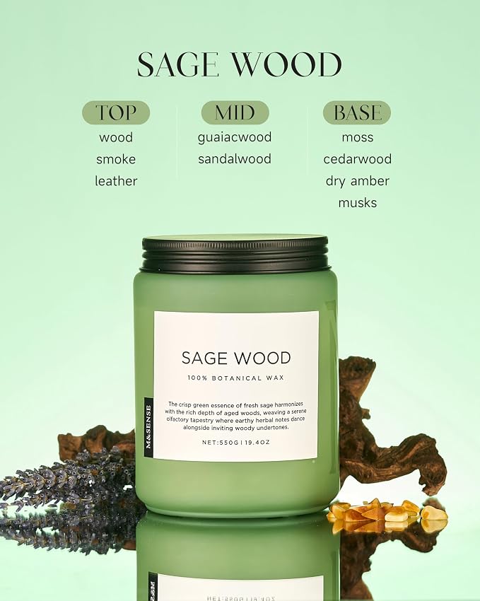 Sage Wood Scented Candle, 19.4oz 110 Hours Long Lasting Clean made from natural materials All Natural Soy Wax Candle for