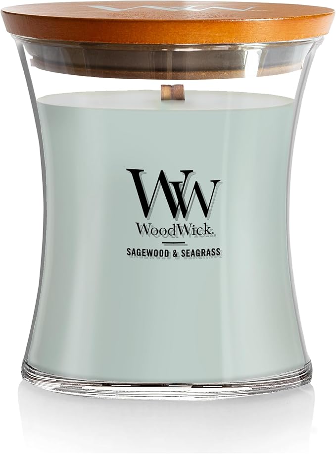 Sagewood & Seagrass Gifts for Women and Men, 9.7 oz Medium Hourglass Candle with Crackling Wick, product image