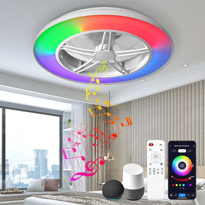 Samrt Low Profile Ceiling Fan with Light,Bluetooth Bladeless Ceiling Fans with Speaker,RGB-LED Dimmable Reversible Flush