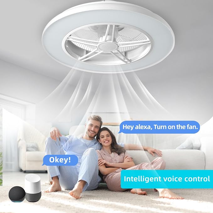 Samrt Low Profile Ceiling Fan with Light,Bluetooth Bladeless Ceiling Fans with Speaker,RGB-LED Dimmable Reversible Flush