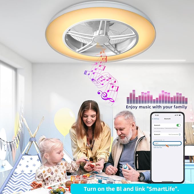 Samrt Low Profile Ceiling Fan with Light,Bluetooth Bladeless Ceiling Fans with Speaker,RGB-LED Dimmable Reversible Flush