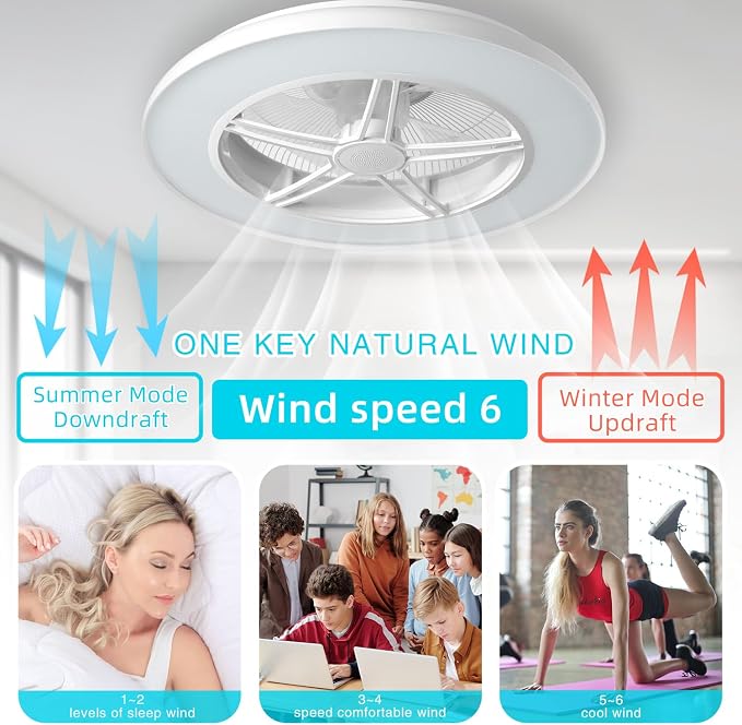 Samrt Low Profile Ceiling Fan with Light,Bluetooth Bladeless Ceiling Fans with Speaker,RGB-LED Dimmable Reversible Flush