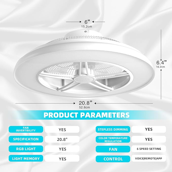 Samrt Low Profile Ceiling Fan with Light,Bluetooth Bladeless Ceiling Fans with Speaker,RGB-LED Dimmable Reversible Flush