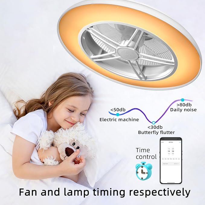 Samrt Low Profile Ceiling Fan with Light,Bluetooth Bladeless Ceiling Fans with Speaker,RGB-LED Dimmable Reversible Flush