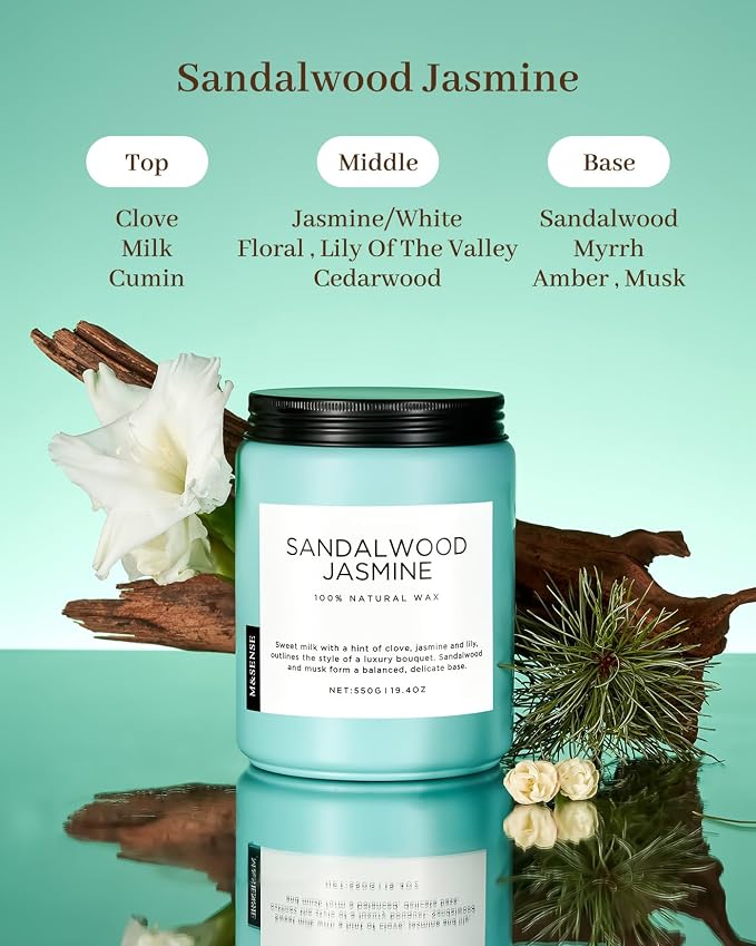 Sandalwood Jasmine Scented Candles for Home, 19.4oz All Natural Soy Wax, 110 Hours Long Lasting, alternate product view 2