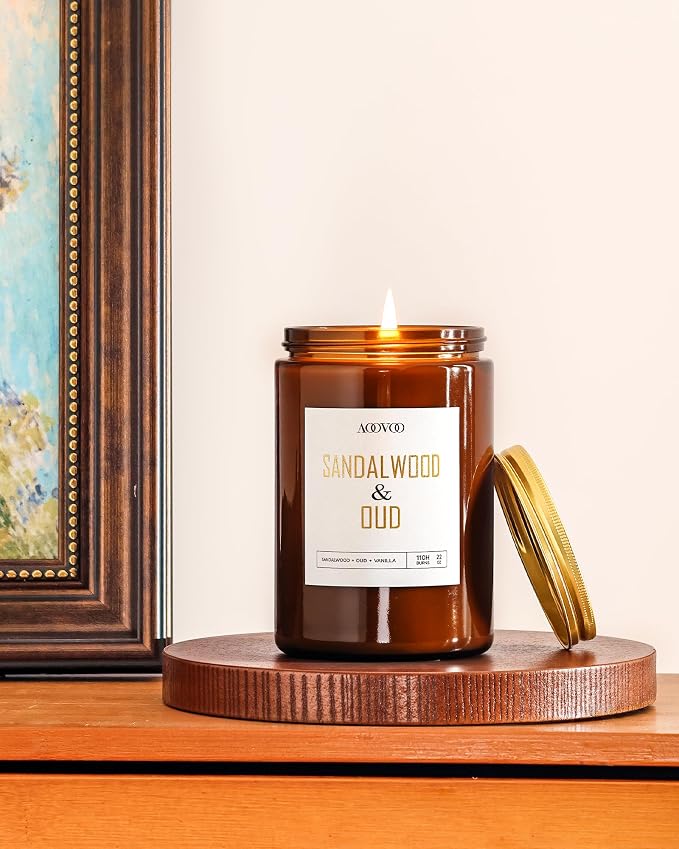 Sandalwood Oud Candle - Large Scented Candles 22oz, Soy Candles, Aromatherapy Candle, Soy Wax Candle, alternate product view