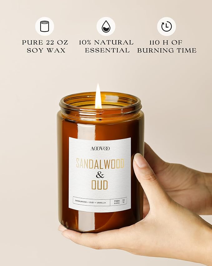 Sandalwood Oud Candle - Large Scented Candles 22oz, Soy Candles, Aromatherapy Candle, Soy Wax Candle, alternate product view