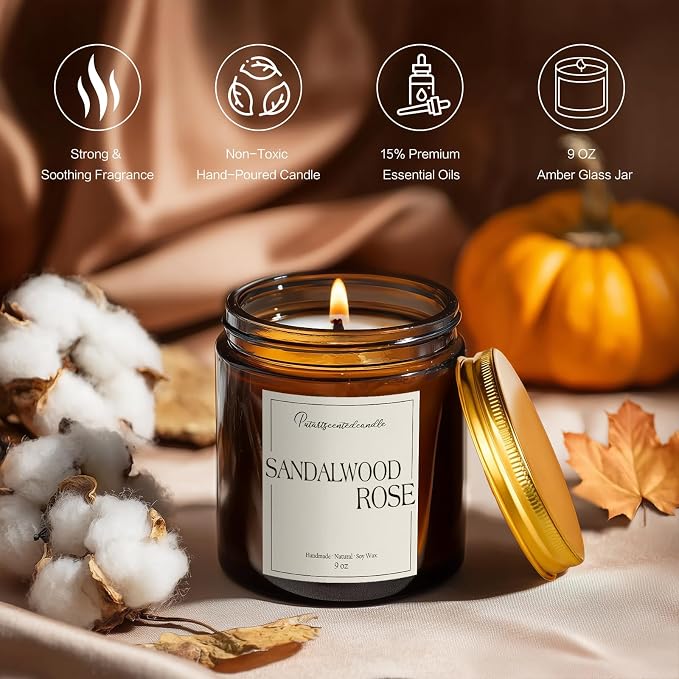 Sandalwood & Rose Scented Candles for Home, Natural Soy Wax Aromatherapy Santal Rose Candle Gifts for Men & Women, alternate