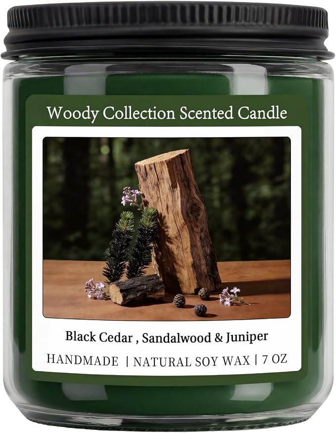 Sandalwood Scented Candle, Natural Soy Candles with 50+ Hour Burn, 7oz Black Cedar & Sandalwood with Juniper Jar Candle