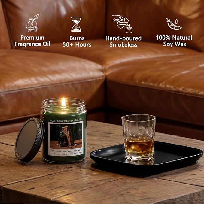 Sandalwood Scented Candle, Natural Soy Candles with 50+ Hour Burn, 7oz Black Cedar & Sandalwood with Juniper Jar Candle