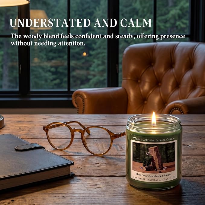 Sandalwood Scented Candle, Natural Soy Candles with 50+ Hour Burn, 7oz Black Cedar & Sandalwood with Juniper Jar Candle