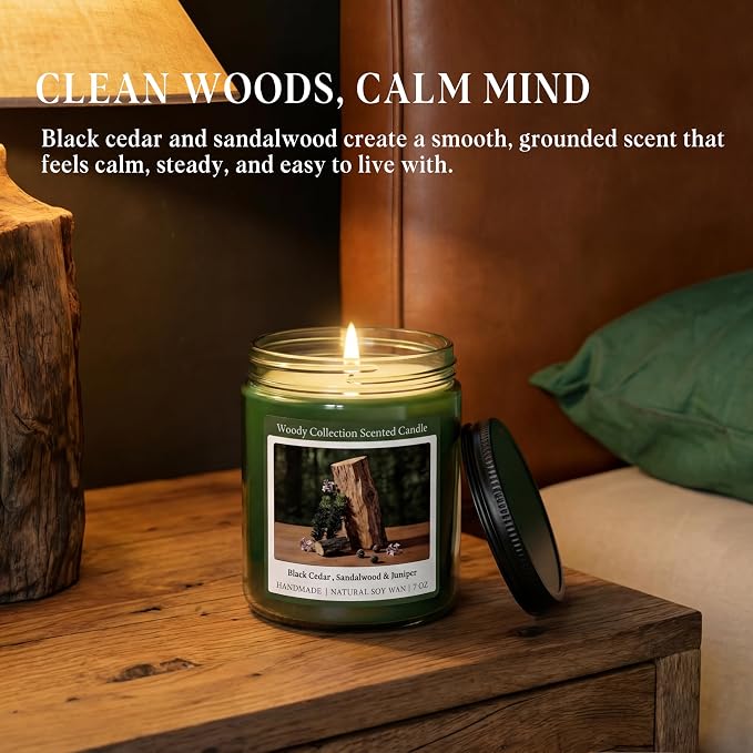 Sandalwood Scented Candle, Natural Soy Candles with 50+ Hour Burn, 7oz Black Cedar & Sandalwood with Juniper Jar Candle