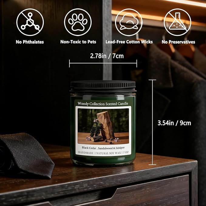 Sandalwood Scented Candle, Natural Soy Candles with 50+ Hour Burn, 7oz Black Cedar & Sandalwood with Juniper Jar Candle