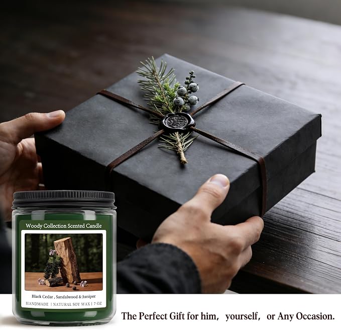 Sandalwood Scented Candle, Natural Soy Candles with 50+ Hour Burn, 7oz Black Cedar & Sandalwood with Juniper Jar Candle