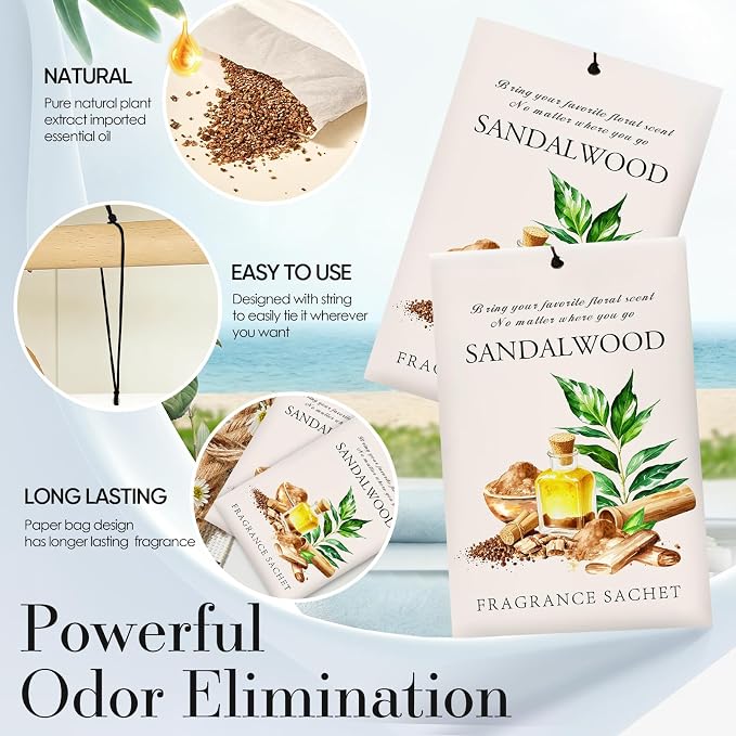 Sandalwood Scented Sachet Bags - 12 Pack Closet & Drawer Freshener, Long Lasting Odor Eliminator for Wardrobes, alternate