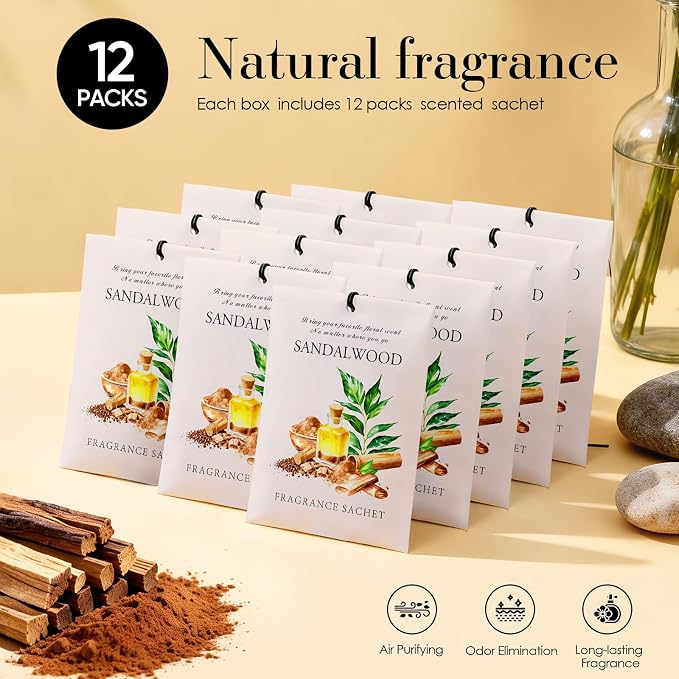 Sandalwood Scented Sachet Bags - 12 Pack Closet & Drawer Freshener, Long Lasting Odor Eliminator for Wardrobes, alternate