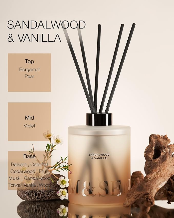 Sandalwood & Vanilla Reed Diffuser Set - 16.9 fl oz Long-Lasting Scent, made from natural materials Essential Oil Diffuser