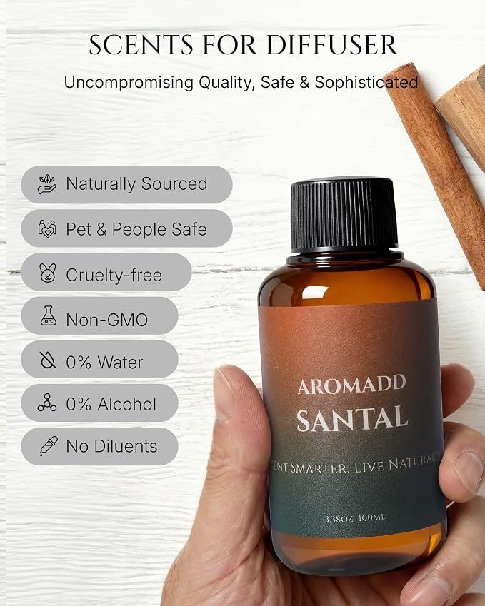 Santal Diffuser Oil Inspired by Luxury Hotel Scent, Essential Oils for Waterless Diffuser, Warm Sandalwood & Amber Aroma