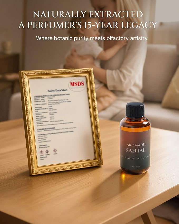 Santal Diffuser Oil Inspired by Luxury Hotel Scent, Essential Oils for Waterless Diffuser, Warm Sandalwood & Amber Aroma