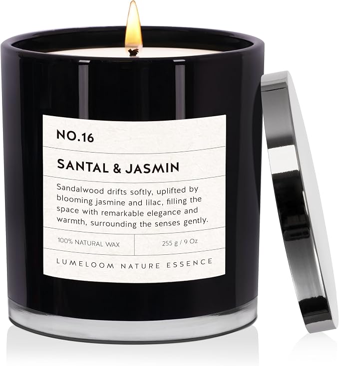 Santal & Jasmine Luxury Scented Candles, 9oz Soy Wax Candles for Home Scented, Jasmine, Sandalwood, Lilac Scent, Long Burning