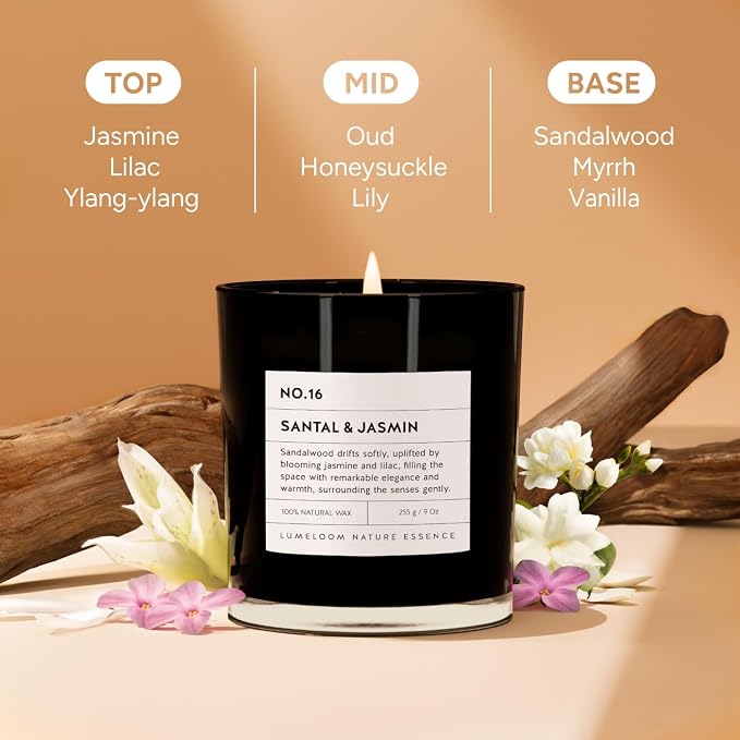 Santal & Jasmine Luxury Scented Candles, 9oz Soy Wax Candles for Home Scented, Jasmine, Sandalwood, Lilac Scent, Long Burning