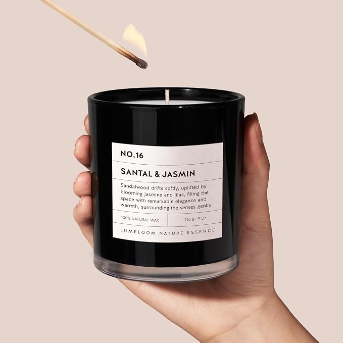 Santal & Jasmine Luxury Scented Candles, 9oz Soy Wax Candles for Home Scented, Jasmine, Sandalwood, Lilac Scent, Long Burning