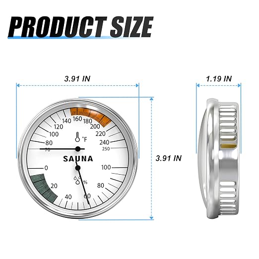 Sauna 2 in 1 Fahrenheit Thermometer and Hygrometer, Stainless Steel Thermometer Gauge, 70-250°F, 0-100% RH for Sauna Room