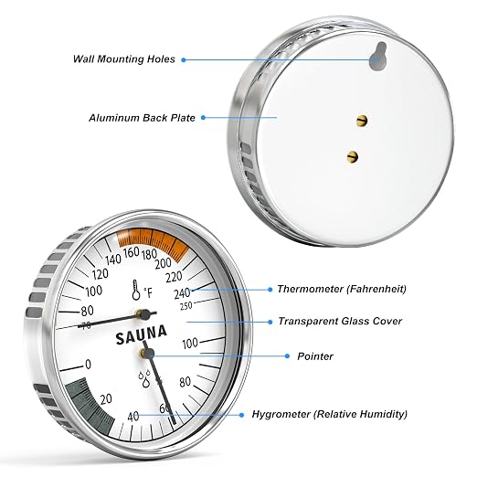 Sauna 2 in 1 Fahrenheit Thermometer and Hygrometer, Stainless Steel Thermometer Gauge, 70-250°F, 0-100% RH for Sauna Room