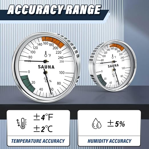 Sauna 2 in 1 Fahrenheit Thermometer and Hygrometer, Stainless Steel Thermometer Gauge, 70-250°F, 0-100% RH for Sauna Room