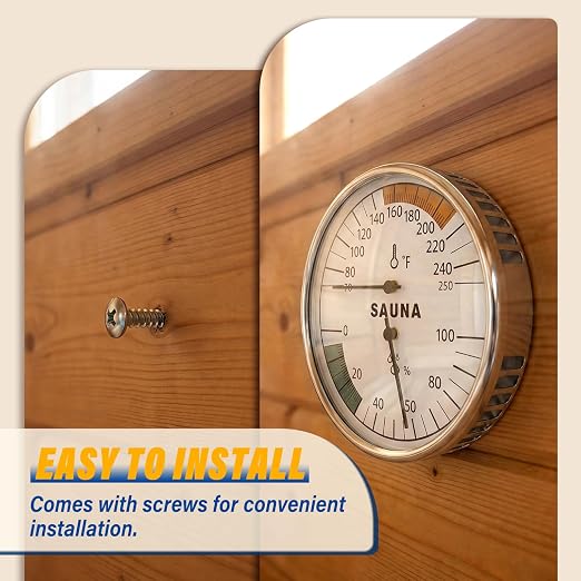 Sauna 2 in 1 Fahrenheit Thermometer and Hygrometer, Stainless Steel Thermometer Gauge, 70-250°F, 0-100% RH for Sauna Room