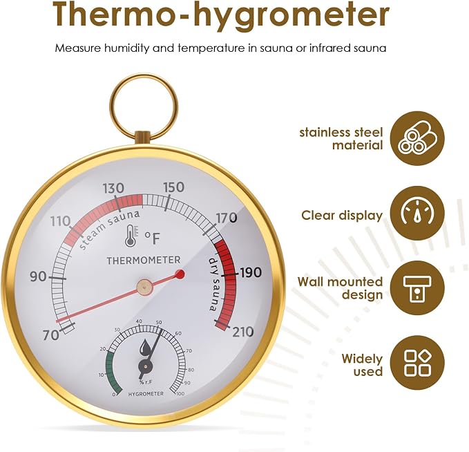 Sauna Thermometer and Hygrometer Combo, Sauna Thermometer Fahrenheit 70-210°F, Humidity Range 0-100%, Hanging Hygrometer for