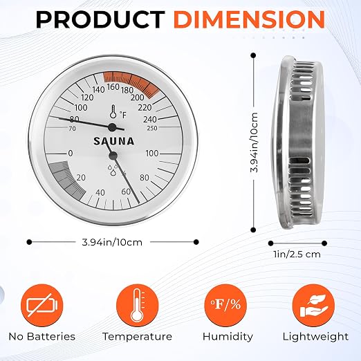 Sauna Thermometer & Hygrometer 2-in-1 – Fahrenheit (70-250°F) for Infrared/Steam Rooms, No Batteries, Wall-Mount, alternate