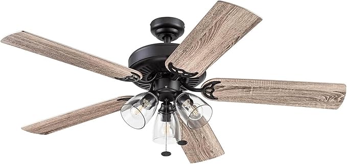 52 Inch Farmhouse LED Indoor Ceiling Fan with Light, Pull Chain Control, 5 Dual Finish Blades, Reversible Motor