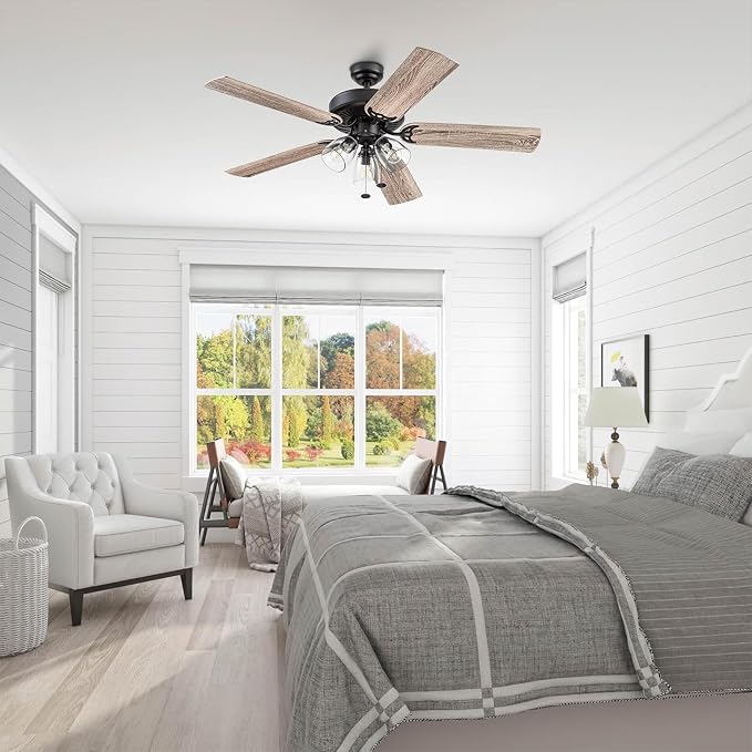 52 Inch Farmhouse LED Indoor Ceiling Fan with Light, Pull Chain Control, 5 Dual Finish Blades, Reversible Motor